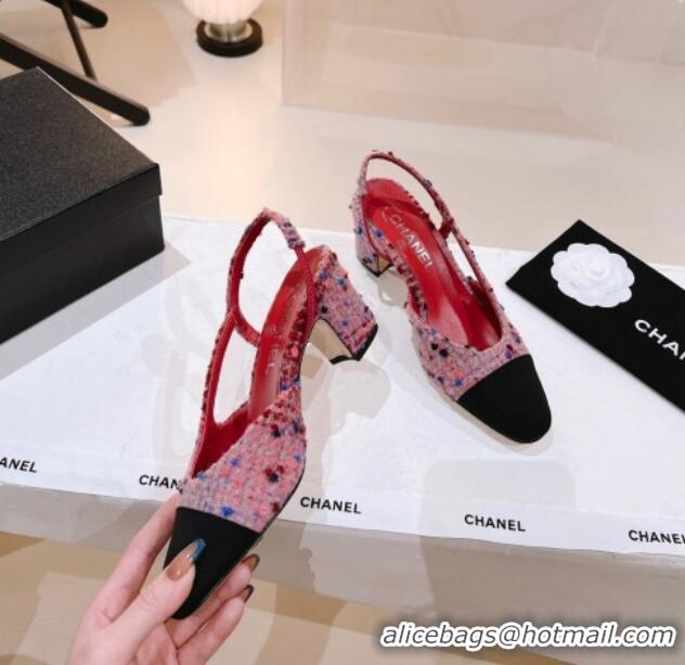 Sumptuous Chanel Tweed & Grosgrain Slingback Pumps 6.5cm G31318 Pink/Burgundy/Black