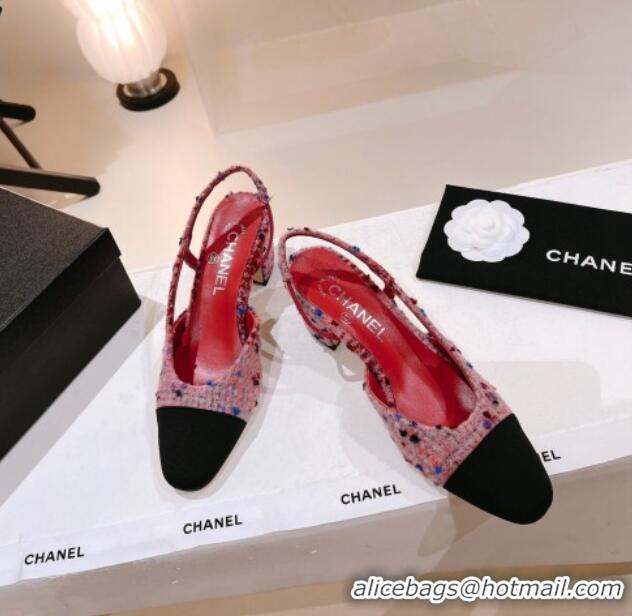 Sumptuous Chanel Tweed & Grosgrain Slingback Pumps 6.5cm G31318 Pink/Burgundy/Black