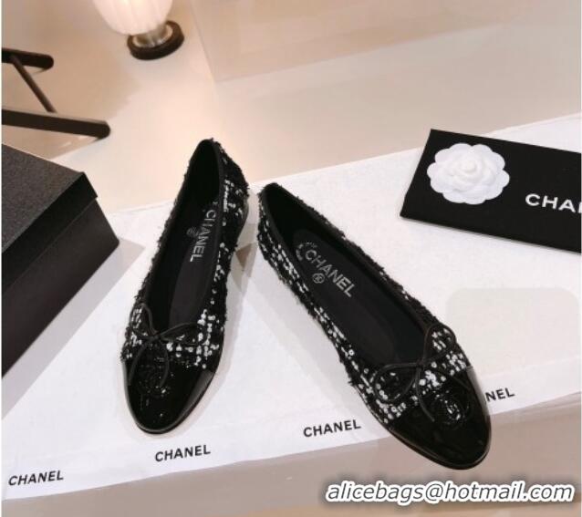 Hot Style Chanel Glittered Tweed Ballerinas Flat G02819 Black/White