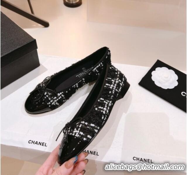 Hot Style Chanel Glittered Tweed Ballerinas Flat G02819 Black/White