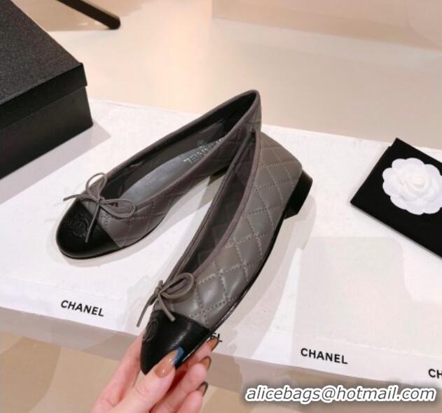 Pretty Style Chanel Quilted Leather Ballerinas Flat with Bow G02819 Grey/Black