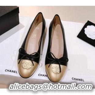 Purchase Chanel Leather Ballerinas Flat with Bow G02819 Black/Gold 012950