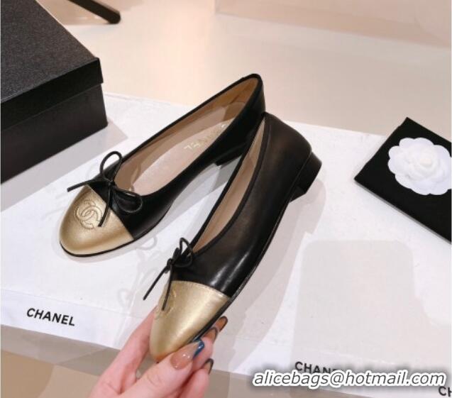 Purchase Chanel Leather Ballerinas Flat with Bow G02819 Black/Gold 012950