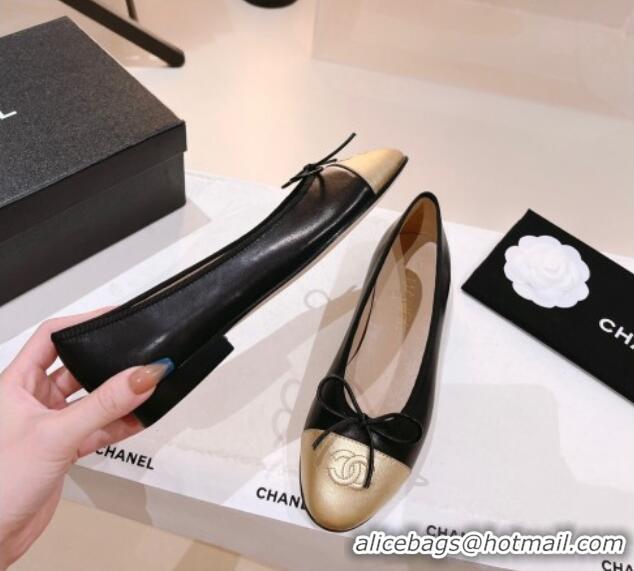 Purchase Chanel Leather Ballerinas Flat with Bow G02819 Black/Gold 012950