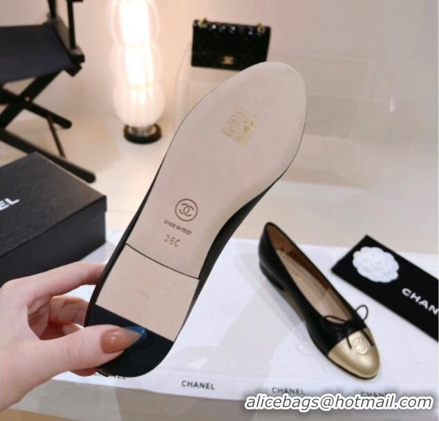 Purchase Chanel Leather Ballerinas Flat with Bow G02819 Black/Gold 012950