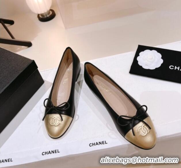 Purchase Chanel Leather Ballerinas Flat with Bow G02819 Black/Gold 012950