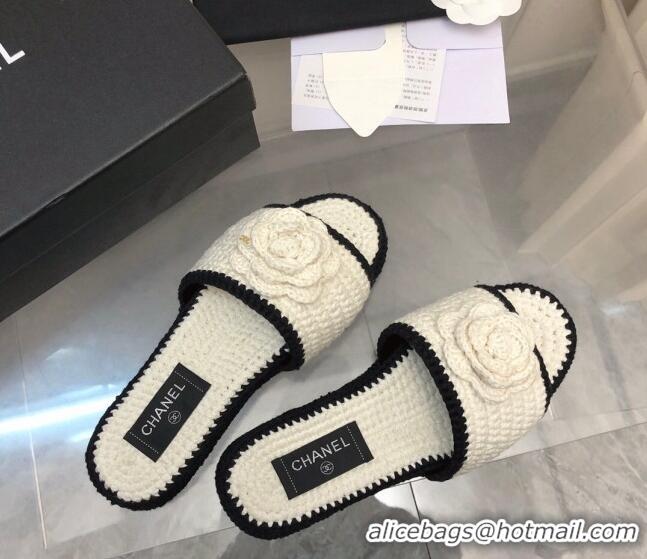 Top Grade Chanel Crochet Flat Slide Sandals G39059 White/Black 012952