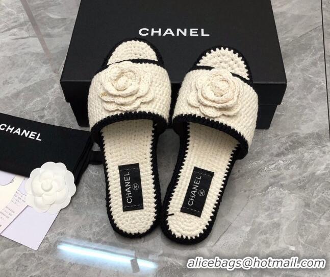 Top Grade Chanel Crochet Flat Slide Sandals G39059 White/Black 012952