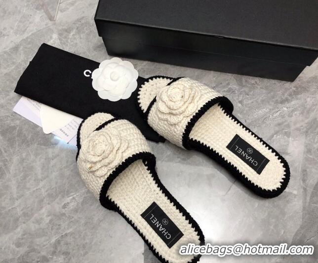 Top Grade Chanel Crochet Flat Slide Sandals G39059 White/Black 012952