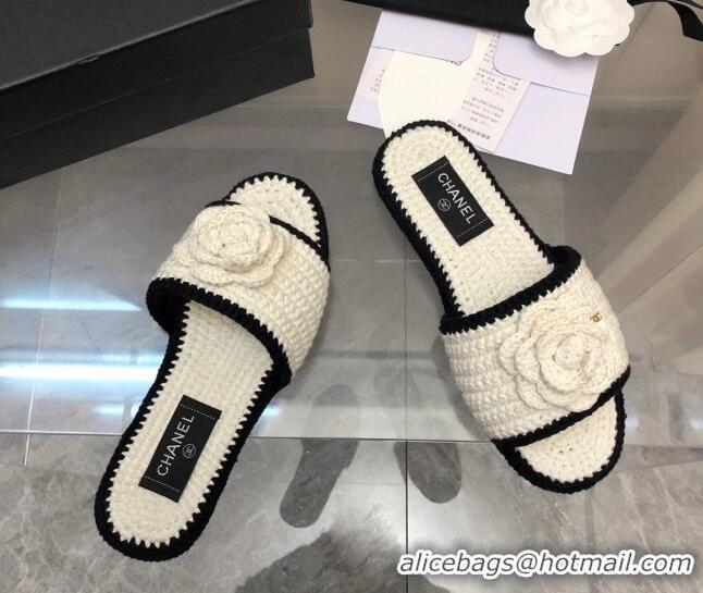 Top Grade Chanel Crochet Flat Slide Sandals G39059 White/Black 012952