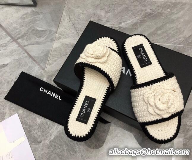 Top Grade Chanel Crochet Flat Slide Sandals G39059 White/Black 012952