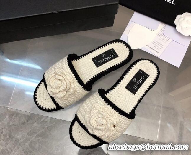 Top Grade Chanel Crochet Flat Slide Sandals G39059 White/Black 012952