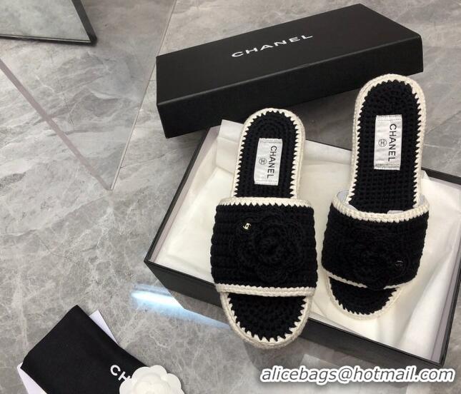 Perfect Chanel Crochet Flat Slide Sandals G39059 Black/White 012953