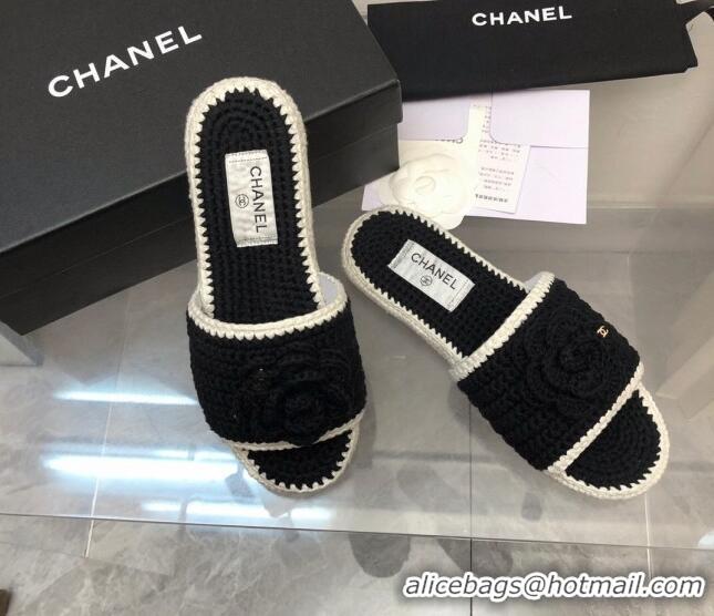 Perfect Chanel Crochet Flat Slide Sandals G39059 Black/White 012953