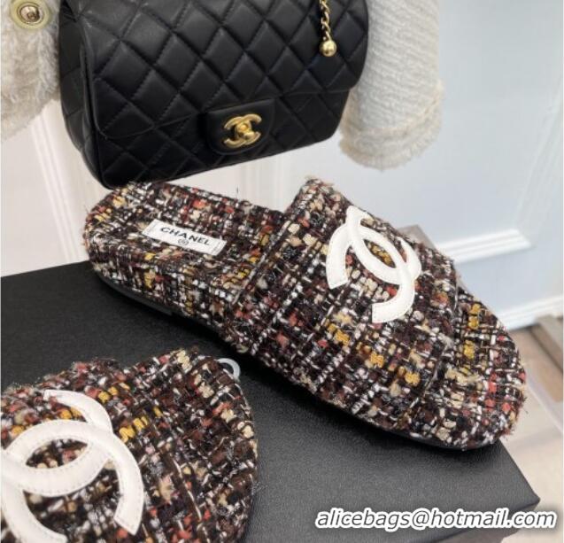 Good Product Chanel CC Tweed Flat Slide Sandals Multicolor 012960