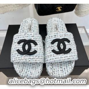 Luxurious Chanel CC Tweed Flat Slide Sandals Blue 012961