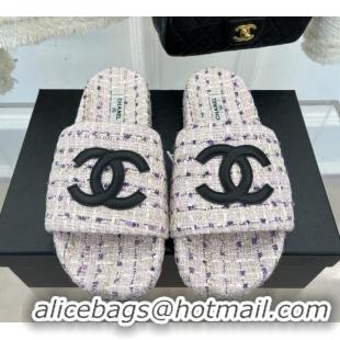 Durable Chanel CC Tweed Flat Slide Sandals Purple 012962