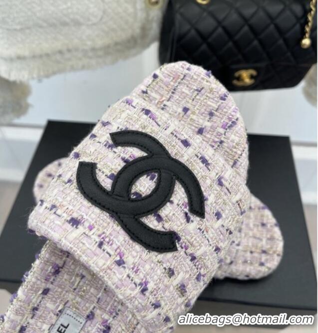 Durable Chanel CC Tweed Flat Slide Sandals Purple 012962