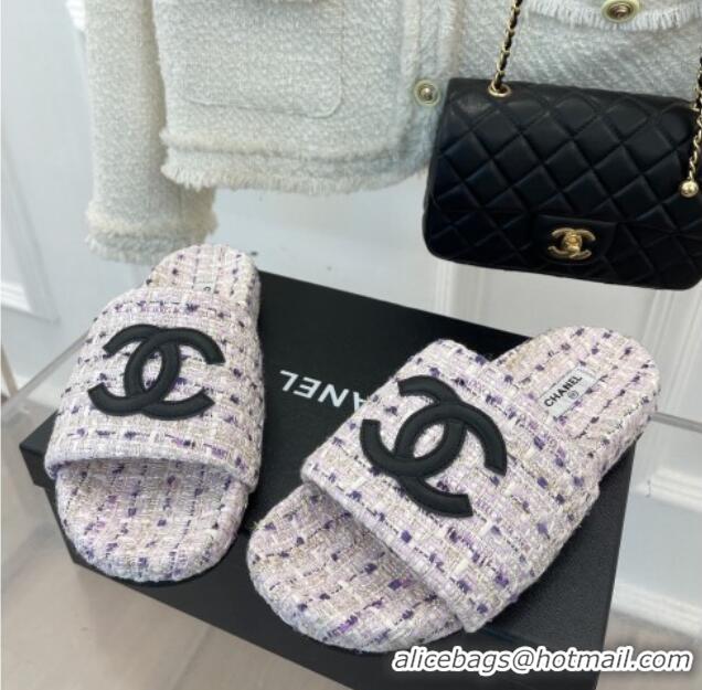 Durable Chanel CC Tweed Flat Slide Sandals Purple 012962