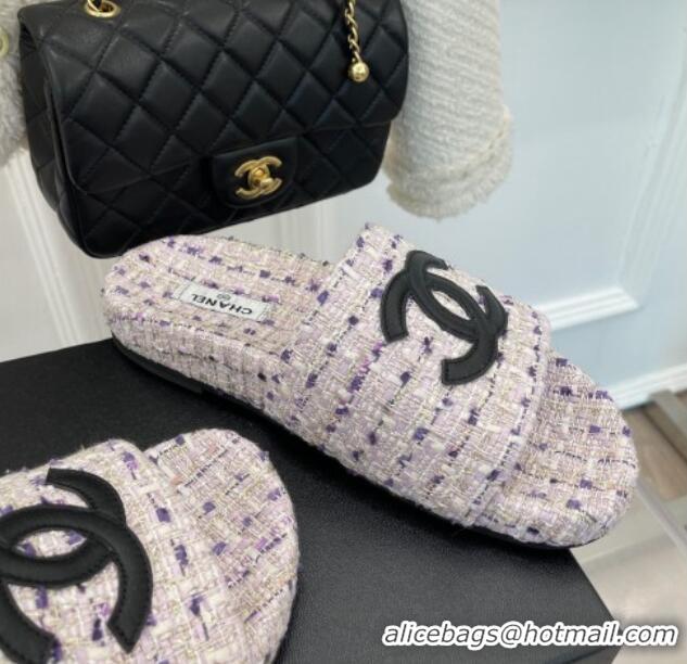 Durable Chanel CC Tweed Flat Slide Sandals Purple 012962