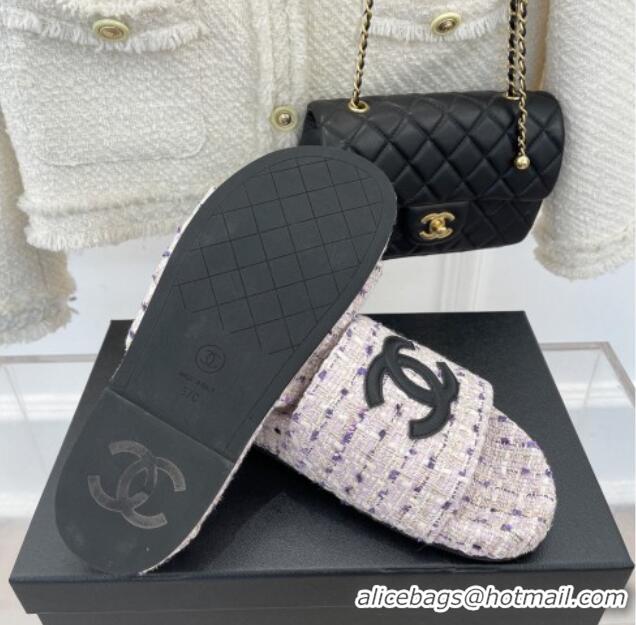 Durable Chanel CC Tweed Flat Slide Sandals Purple 012962