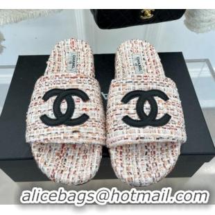 Shop Duplicate Chanel CC Tweed Flat Slide Sandals Pink 012963