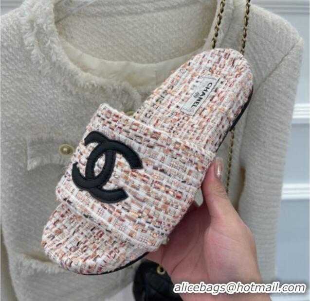 Shop Duplicate Chanel CC Tweed Flat Slide Sandals Pink 012963