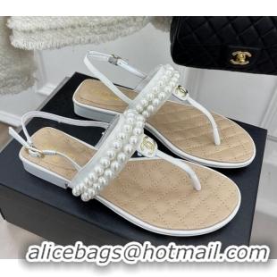 Duplicate Chanel Lambskin Thong Sandals with Pearls White 012964