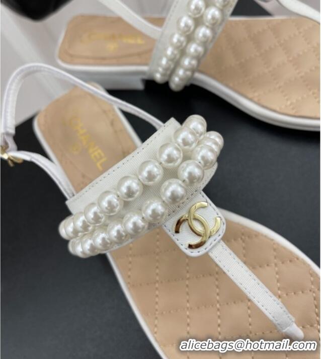 Duplicate Chanel Lambskin Thong Sandals with Pearls White 012964