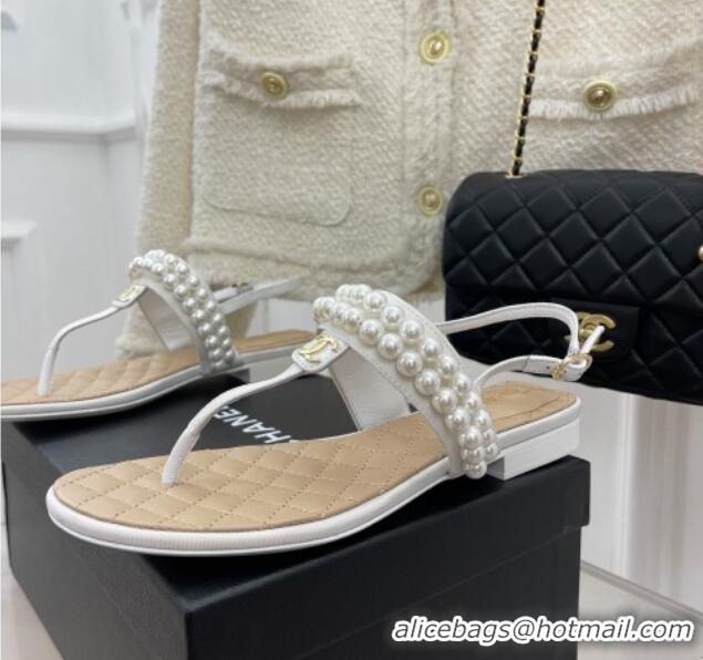 Duplicate Chanel Lambskin Thong Sandals with Pearls White 012964