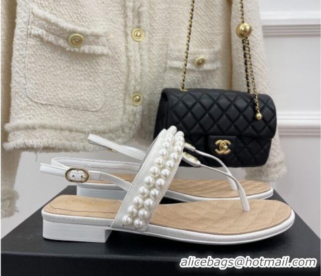 Duplicate Chanel Lambskin Thong Sandals with Pearls White 012964