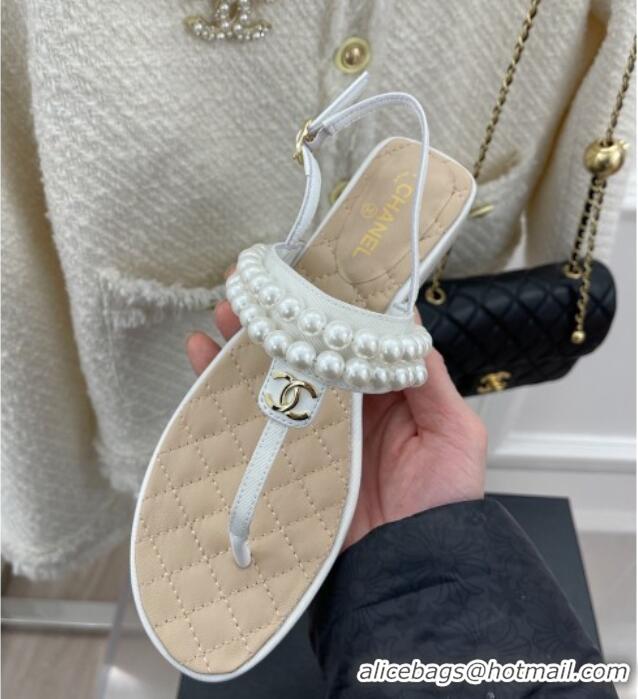 Duplicate Chanel Lambskin Thong Sandals with Pearls White 012964