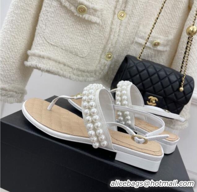 Duplicate Chanel Lambskin Thong Sandals with Pearls White 012964