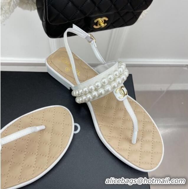 Duplicate Chanel Lambskin Thong Sandals with Pearls White 012964