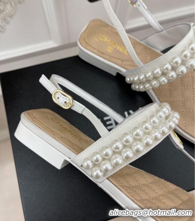 Duplicate Chanel Lambskin Thong Sandals with Pearls White 012964