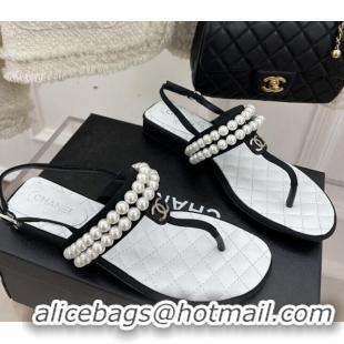 Fashion Chanel Lambskin Thong Sandals with Pearls Black  012965