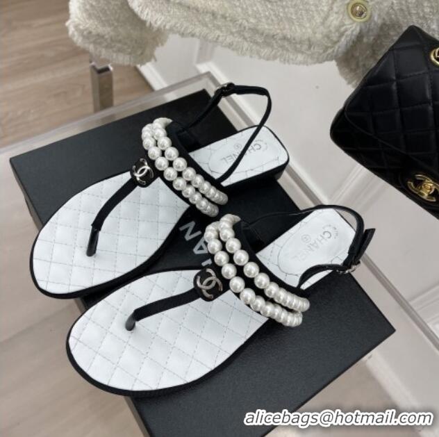 Fashion Chanel Lambskin Thong Sandals with Pearls Black  012965