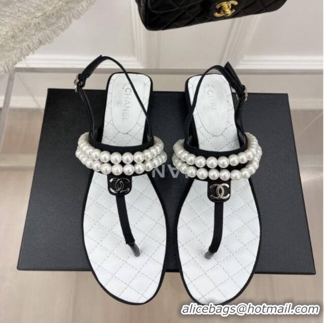 Fashion Chanel Lambskin Thong Sandals with Pearls Black  012965