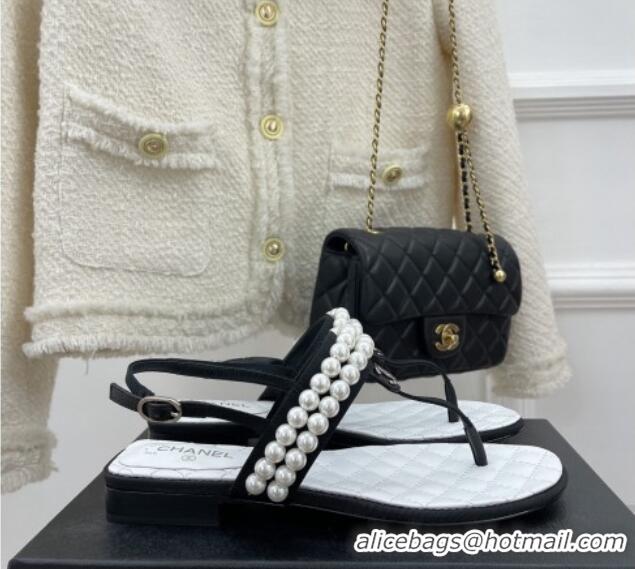 Fashion Chanel Lambskin Thong Sandals with Pearls Black  012965