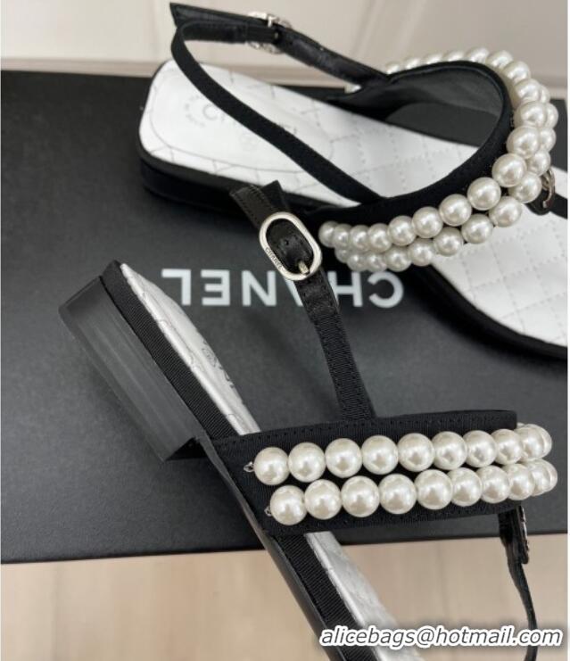 Fashion Chanel Lambskin Thong Sandals with Pearls Black  012965