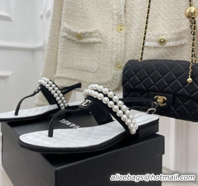 Fashion Chanel Lambskin Thong Sandals with Pearls Black  012965