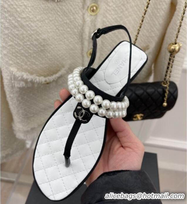 Fashion Chanel Lambskin Thong Sandals with Pearls Black  012965