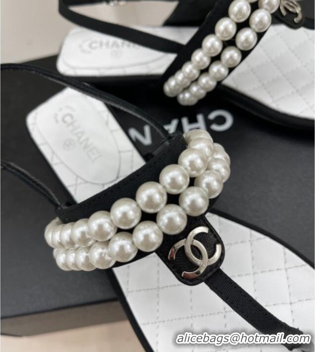 Fashion Chanel Lambskin Thong Sandals with Pearls Black  012965