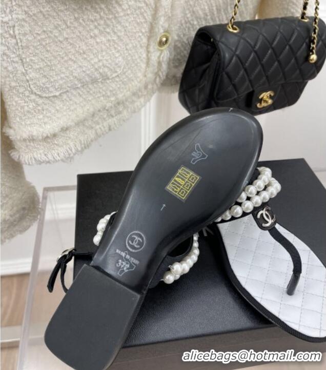 Fashion Chanel Lambskin Thong Sandals with Pearls Black  012965