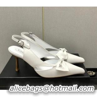 Discount Chanel Calfskin Slingback Pumps 7cm with Bow White 020733