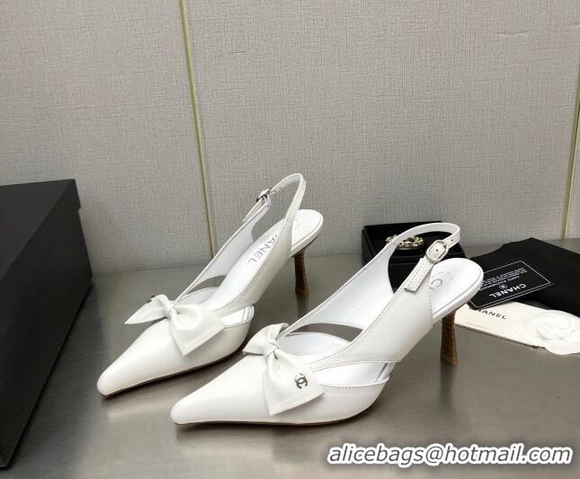 Discount Chanel Calfskin Slingback Pumps 7cm with Bow White 020733