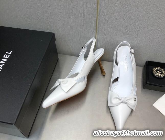 Discount Chanel Calfskin Slingback Pumps 7cm with Bow White 020733