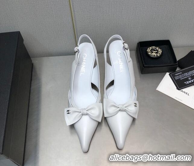 Discount Chanel Calfskin Slingback Pumps 7cm with Bow White 020733