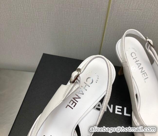 Discount Chanel Calfskin Slingback Pumps 7cm with Bow White 020733