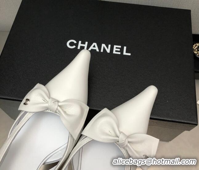 Discount Chanel Calfskin Slingback Pumps 7cm with Bow White 020733